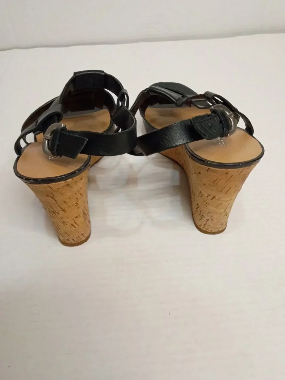 Franco Sarto Cera Black Leather Strappy Cork Wedge Sandals Size Women's 9.5 M
